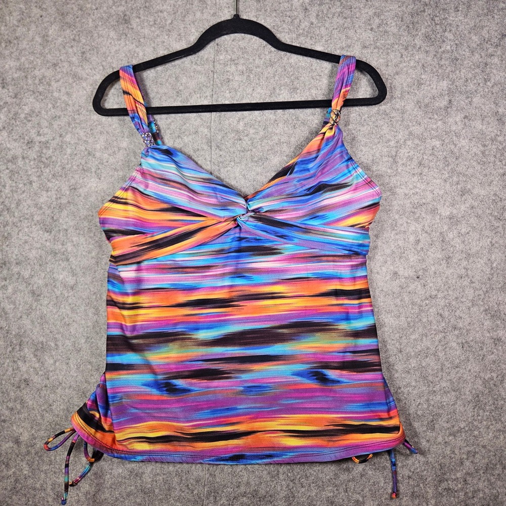 Womens Multicolor Tankini Top Watercolor Sunset Side Ties Swim Vacation Size XL